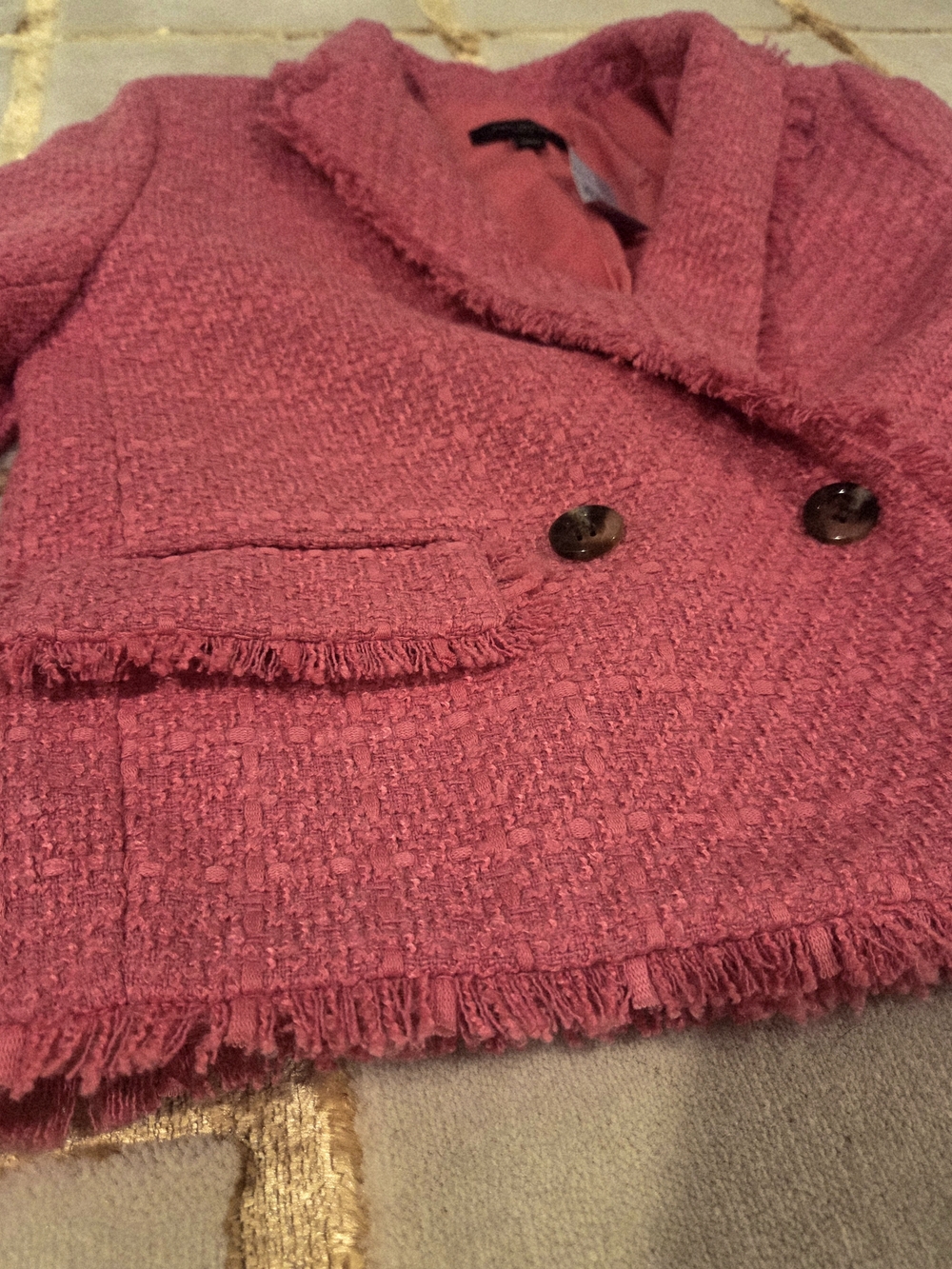 Ann Taylor Tweed Blazer Jacket 0P Petite Preppy Hot Pink Fringe - Picture 10 of 10
